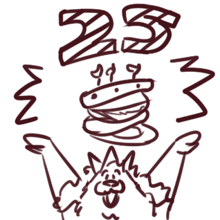 Line stetch of a llama holding a cake up a la Legend of Zelda. The number '25' in stripes is above that.